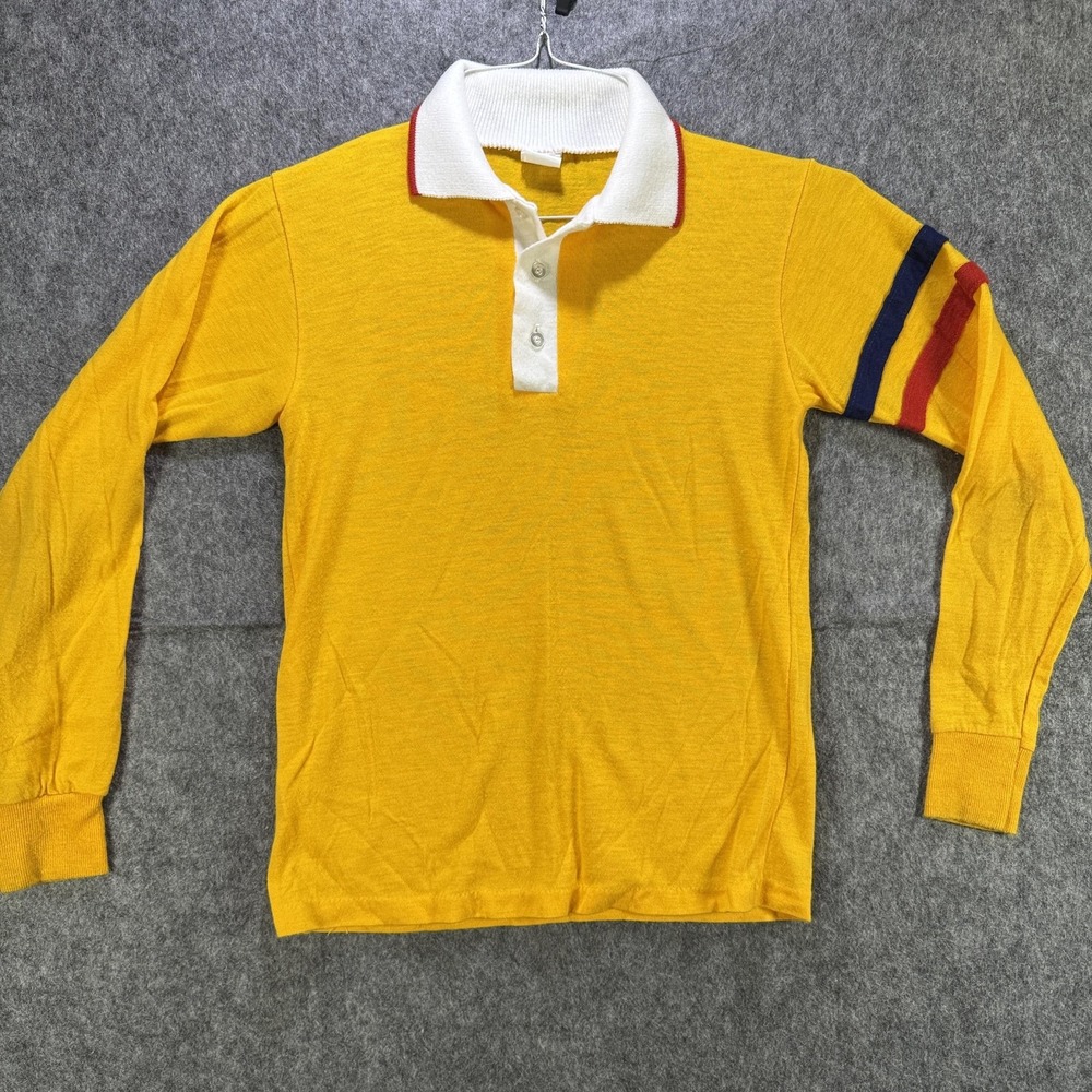 Vintage Sears Shirt Boys 14 Yellow Rugby Polo Long Sleeve Striped Sleeve 70s